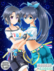  2girls antenna_hair belt black_hair commentary_request eva_16-gouki ganaha_hibiki heart heart_print highres idolmaster idolmaster_(classic) kikuchi_makoto long_hair multiple_girls off-shoulder_shirt off_shoulder photoshop_(medium) ponytail print_belt print_shirt shirt short_hair smile street_hopper_(idolmaster) 