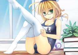  adjusting_clothes adjusting_legwear blonde_hair book clock commentary_request female glasses green_eyes highres i-8_(kancolle) kantai_collection long_hair low_twintails no_shoes one-piece_swimsuit photoshop_(medium) plant school_swimsuit sitting smile solo srwsrx_(gp03dsrx) swimsuit thighhighs twintails window 