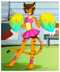  anthro barefoot biped blush border bottomwear brown_hair cheerleader clothed clothing crossdressing feet felid femboy green_eyes hair looking_at_viewer male mammal oouyuki_benten pantherine pom_poms saba skirt solo standing stripes tiger white_border 