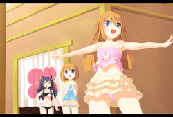  3girls absurdres black_hair blue_eyes blush brown_hair commentary commission frilled_skirt frills highres letterboxed long_hair multiple_girls neptune_(series) open_mouth photoshop_(medium) planeptune ram_(neptunia) red_eyes rom_(neptunia) short_hair siblings sisters skirt smile swimsuit twins uni_(neptunia) 