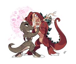  2015 anthro champasaurus cherry_blossom claws dancing digitigrade duo eye_contact female flower godzilla_(series) hand_holding kaiju komodithrax komodo_dragon lizard looking_at_another male monitor_lizard mouth_hold plant prunus_(flower) red_eyes reptile romantic romantic_ambiance romantic_couple scalie sharp_teeth simple_background smile tail teeth toe_claws toho tree white_background zilla 