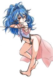  alfimi artist_request ass banpresto bare_legs barefoot blue_hair breasts erect_nipples female female full_body long_hair looking_at_viewer naughty_face red_eyes shiny shiny_skin small_breasts smile solo super_robot_wars thong 