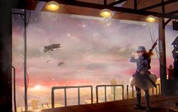  aircraft airship bayonet blonde_hair bolt_action commentary_request female gun highres military military_uniform original pouch red_eyes rifle scenery segamark soldier solo star_(symbol) uniform weapon 