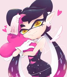  +_+ black_hair callie_(splatoon) commentary detached_collar female food food_on_head heart highres hug inkling looking_at_viewer mole mole_under_eye object_on_head okome_2g2g pantyhose pointy_ears short_jumpsuit smile solo splatoon_(series) splatoon_1 sushi symbol-only_commentary tentacle_hair yellow_eyes 