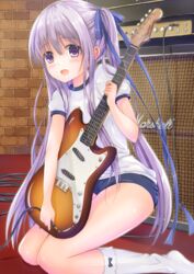  bad_id bad_pixiv_id blue_buruma blue_ribbon blush buruma commentary_request female guitar gym_uniform hair_ribbon highres holding holding_instrument hoshimaemi instrument kneehighs kneeling looking_at_viewer open_mouth purple_eyes purple_hair ribbon smile socks solo tenshi_no_3p! twintails white_socks 