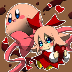  1boy blue_eyes blush chocolate fairy female hair_ornament hair_ribbon heart kirby kirby_(series) kirby_64 nintendo open_mouth pink_hair ribbon ribbon_(kirby) short_hair smile valentine valentines wings 