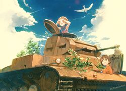  2girls aged_down animal artist_name bird branch brown_eyes brown_hair casual closed_mouth cloud cloudy_sky commentary_request cosmic_(crownclowncosmic) day flying girls_und_panzer long_sleeves looking_to_the_side military military_vehicle motor_vehicle multiple_girls nishizumi_maho nishizumi_miho outdoors panzer_ii photoshop_(medium) short_hair siblings sisters sky sleeveless smile tank 