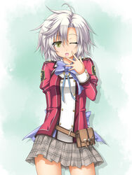  commentary_request eiyuu_densetsu female fie_claussell hand_to_own_mouth highres one_eye_closed plaid plaid_skirt pouch roura school_uniform sen_no_kiseki short_hair skirt solo thors_military_academy_class_vii_uniform uniform white_hair yellow_eyes 