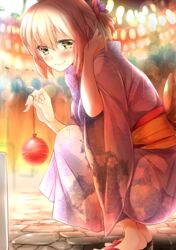  blush commentary_request fate_(series) female hatori_mia highres japanese_clothes kimono koha-ace looking_at_viewer okita_souji_(fate) okita_souji_(koha-ace) pink_hair sandals short_hair smile solo squatting summer_festival water_yoyo yellow_eyes yukata 