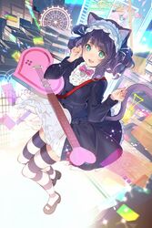  :d animal_ears bad_id bad_twitter_id black_footwear cat_ears cat_girl cat_tail city commentary cyan_(show_by_rock!!) dress drill_hair female green_eyes guitar hairband heart highres instrument koyoi_mitsuki long_hair long_sleeves looking_at_viewer open_mouth purple_dress purple_hair shoes show_by_rock!! smile solo striped_clothes striped_thighhighs tail thighhighs 