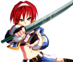  absurdres commentary english_commentary falcom_(neptunia) female fighting_stance hair_ornament hairband highres looking_at_viewer navel neptune_(series) orange_eyes planeptune red_hair short_hair solo sword transparent_background weapon 