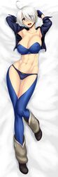  abs ahoge angel_(kof) bed_sheet black_panties blue_bra blue_eyes boots bra breasts bustier chaps cleavage collarbone commentary_request covered_nipples crop_top cropped_jacket dakimakura_(medium) female fingerless_gloves full_body gloves hair_over_one_eye highres jacket large_breasts leg_warmers lying md5_mismatch navel on_back open_clothes open_jacket panties resolution_mismatch shiny_skin short_hair skindentation smile solo source_smaller st.germain-sal strapless strapless_bra the_king_of_fighters thigh_gap toned underwear white_hair wide_hips 