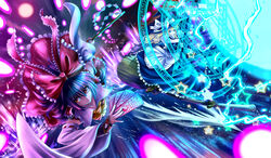  2girls aerial_battle apron ascot battle black_dress blonde_hair blue_eyes bow braid broom broom_surfing combined_attack commentary_request danmaku detached_sleeves dress fantasy_seal flying gohei grin hair_tubes hairbow hakurei_reimu hat highres hijikawa_arashi kirisame_marisa lightning long_sleeves looking_at_viewer magic_circle master_spark mini-hakkero multiple_girls ofuda purple_hair red_eyes single_braid smile spell_card star_(symbol) touhou waist_apron wide_sleeves witch_hat 