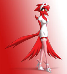  anthro avian beak bedroom_eyes biped bird breasts cleavage clothed clothing eyebrows eyelashes feather_6 feathered_wings feathers feet female footwear half-closed_eyes high_heels narrowed_eyes non-mammal_breasts nurse pose red_body red_feathers seductive shoes simple_background solo talons toes true_fire whitephoenix52 wings 