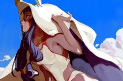  animal_ears bed_sheet blue_sky commentary_request commission dark-skinned_female dark_skin earrings fate/grand_order fate_(series) female hoop_earrings jackal_ears jewelry jpeg_artifacts long_hair medjed_(fate) necklace nitocris_(fate) nitocris_(swimsuit_assassin)_(fate) odsheels one-piece_swimsuit purple_eyes purple_hair sidelocks sky solo swimsuit very_long_hair white_one-piece_swimsuit 