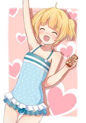  :d ^_^ ahoge alternate_hairstyle arm_up blonde_hair blunt_bangs blush breasts can canned_coffee casual_one-piece_swimsuit closed_eyes coffee collarbone commentary_request cosplay cowboy_shot drink_can dutch_angle facing_viewer female frilled_one-piece_swimsuit frills gochuumon_wa_usagi_desu_ka? heart heart_background highres holding holding_can kafuu_chino kafuu_chino_(cosplay) kirima_syaro one-piece_swimsuit open_mouth polka_dot polka_dot_swimsuit potate short_hair short_twintails small_breasts smile solo standing swimsuit twintails two-tone_background 