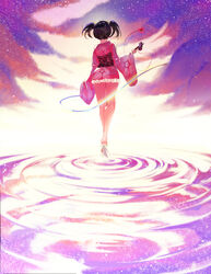  barefoot black_hair blue_ribbon chinese_commentary commentary_request female from_behind hair_ornament holding holding_toy japanese_clothes kimono koutetsujou_no_kabaneri muike mumei_(kabaneri) photoshop_(medium) pink_kimono purple_sky reflection reflective_floor ribbon ripples short_hair short_kimono short_twintails short_yukata sky solo star_(sky) starry_sky toy twintails yukata 