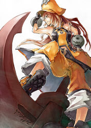  anchor armpits bad_id bad_pixiv_id breasts brown_hair female fingerless_gloves fujinohara_akihira gloves guilty_gear hat long_hair may_(guilty_gear) orange_hat orange_shirt pants pants_rolled_up pirate_hat shirt small_breasts 