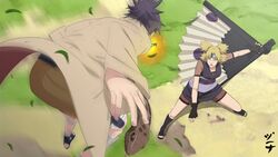  blonde_hair coat combat fan female fishnets mitarashi_anko multiple_girls naruto purple_hair sandals snake temari 