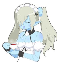  apron bare_shoulders blonde_hair blue_skin breasts cleavage closed_eyes disgaea female headdress maid_(disgaea) maid_uniform makai_senki_disgaea_5 oerba_yun_fang pointy_ears stitches tea teacup twintails zombie 