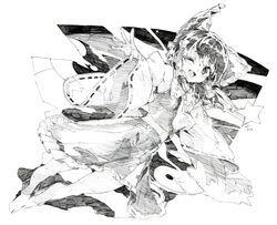  armpits ascot bad_id bad_pixiv_id bow detached_sleeves female graphite_(medium) greyscale hair_tubes hairbow hakurei_reimu highres long_sleeves looking_at_viewer monochrome one_eye_closed open_mouth oshake outstretched_arm shirt skirt skirt_set smile solo star_(symbol) touhou traditional_media wide_sleeves yin_yang 