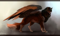  avian black_hair canid canine canis ear_piercing feathered_wings feathers feral fox green_eyes hair hi_res hybrid mammal multiple_piercings ostinlein piercing shadow signature simple_background smoke solo standing wings wolf 