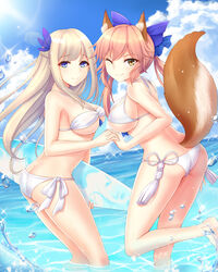  2girls ;) animal_ears ass bare_shoulders barefoot bikini blonde_hair blue_bow blue_eyes blue_sky bow braid breasts carrying carrying_under_arm chinese_commentary cleavage closed_mouth cloud commentary_request crossover day eyebrows fate/extra fate_(series) feather_hair_ornament feathers fox_ears fox_tail from_side hair_between_eyes hair_ornament hairbow halterneck highres holding_hands interlocked_fingers large_breasts leg_up lens_flare lexington_(warship_girls_r) long_hair looking_at_viewer multiple_girls ocean official_alternate_costume one_eye_closed outdoors pink_hair side-tie_bikini_bottom sidelocks sky smile sparkle standing string_bikini summer surfboard swimsuit tail tamamo_(fate) tamamo_no_mae_(fate/extra) tamamo_no_mae_(sexy_bikini)_(fate) tassel underboob very_long_hair wading warship_girls_r water_drop white_bikini yellow_eyes yuemanhuaikong 