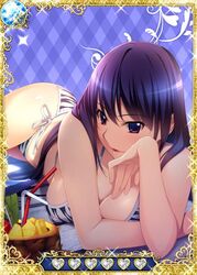  artist_request bikini breasts card_(medium) cleavage female grisaia_(series) grisaia_no_kajitsu large_breasts long_hair looking_at_viewer lying on_stomach purple_eyes purple_hair sakaki_yumiko side-tie_bikini_bottom solo swimsuit untied_bikini 