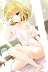  bad_id bad_pixiv_id barefoot blonde_hair blush commentary_request female gochuumon_wa_usagi_desu_ka? green_eyes kirima_syaro messy_hair minari_(minari37) off_shoulder one_eye_closed open_mouth short_hair sitting sleepy solo 