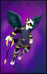  2016 anthro canid canine canis clothing cosplay costume dark_pit feathered_wings feathers hi_res kid_icarus male mammal melee_weapon nintendo simple_background solo sword sylen weapon wings wolf zeptophidia 