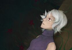  .flow commentary_request expressionless female flower flower_over_eye illynda looking_up lying plant red_eyes sabitsuki short_hair sleeveless sleeveless_turtleneck solo turtleneck vines white_hair 