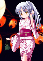  angel_beats! bag commentary_request female grey_hair highres japanese_clothes kaze_makase kimono long_hair md5_mismatch satchel tachibana_kanade yellow_eyes yukata 