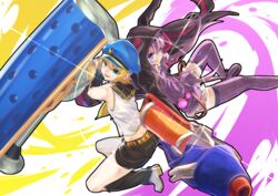  2girls blue_eyes commentary_request crossover dynamo_roller_(splatoon) hat hetaren_(ramark) hood hoodie kagamine_rin long_hair multiple_girls purple_hair splatoon_(series) splatoon_1 splattershot_pro_(splatoon) vocaloid voiceroid water_gun yuzuki_yukari 