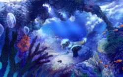  2017 ambient_coral ambient_jellyfish ambient_sealife anthozoan blue_hair cnidarian coral detailed_background feral fin fish hair hi_res jellyfish mammal marine medusozoan ostinlein pinniped seal tropical underwater water 