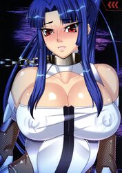  00s bare_shoulders blue_hair blush bodysuit breasts collar elbow_gloves female female fishnets gloves highres huge_breasts lips long_hair looking_at_viewer nipples ponytail r-wade red_eyes skin solo sweat taimanin_(series) taimanin_asagi taimanin_murasaki yatsu_murasaki 