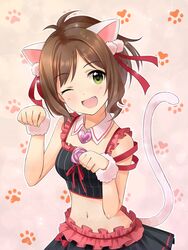  ;d animal_ears bad_id bad_pixiv_id breasts brown_hair cat_ears cat_tail female frenchmaid_(made_in_frenchmaid) frills green_eyes head_tilt highres idolmaster idolmaster_cinderella_girls maekawa_miku medium_breasts midriff oerba_yun_fang one_eye_closed open_mouth over_the_collar_(idolmaster) paw_pose paw_print short_hair skirt smile solo tail 