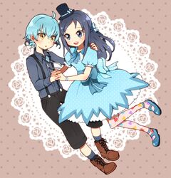  1boy ako_(ako0905) bat_wings blue_dress blue_eyes blue_footwear blue_hair blue_shirt blush boots braid commentary_request couple diamond-shaped_brooch dokidoki!_precure dress eyelashes female hair_ornament hair_ribbon happy hat head_wings hishikawa_rikka holding_hands interlocked_fingers ira_(dokidoki!_precure) long_hair looking_at_another open_mouth pants pantyhose precure reverse_palettes ribbon shirt shoes short_hair single_braid smile straight top_hat wings wrist_cuffs yellow_eyes 