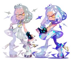  +_+ :d amakusa_(hidorozoa) black_gloves boots clenched_hands closed_mouth crown dress female fingerless_gloves gloves grey_dress grey_footwear grey_hair holding inkling legs_apart looking_at_viewer mole mole_under_mouth oerba_yun_fang open_mouth orange_eyes pearl_(splatoon) short_eyebrows short_hair smile solo splatoon_(series) splatoon_2 thick_eyebrows 