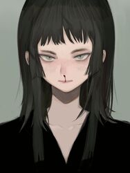  bad_id bad_twitter_id black_hair black_shirt blood empty_eyes expressionless female freng green_eyes long_hair nosebleed original pale_eye portrait shirt solo tsurime 