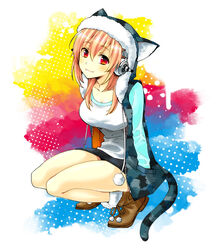  animal_ears animal_hood bad_id bad_pixiv_id blush breasts cat_ears cat_hood cat_tail commentary_request female hands_in_pockets headphones hood hoodie large_breasts long_hair looking_at_viewer nitroplus pink_hair pom_pom_(clothes) red_eyes smile solo squatting super_sonico tail yuzucky 