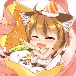  animal_ears blush chen chibi closed_eyes dress female glasses happy_birthday hat heart kurumai letter lolicon multiple_tails oerba_yun_fang open_mouth shiny shiny_hair shiny_skin short_hair touhou 