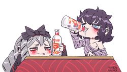  2girls :3 alcohol artist_name black_hair black_lagoon blush bottle bow chibi chugging commentary_request crossover drinking drunk ear_piercing earrings frederica_sawyer grey_hair hairbow holding jewelry kotatsu koujin_rikka kuro_ai long_hair multiple_girls off_shoulder piercing purple_hair ramenwarwok red_eyes scar short_hair signature simple_background smile smirnoff_(vodka) table vodka white_background 