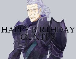  1boy armor character_name commentary_request fire_emblem fire_emblem_fates grey_background grey_eyes gunter_(fire_emblem) happy_birthday male_focus purple_hair scar shourou_kanna simple_background solo 