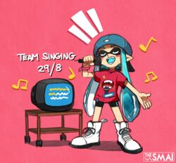  artist_name bad_id bad_tumblr_id baseball_cap beamed_eighth_notes bike_shorts blue_hair blush blush_stickers closed_eyes commentary dated eighth_note fangs female hat inkling inkling_girl inkling_player_character karaoke long_hair music musical_note open_mouth quarter_note sami_briggs shoes singing sneakers solo splatoon_(series) splatoon_1 television tentacle_hair thick_eyebrows 