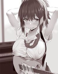  adjusting_hair armpits arms_up blush breasts button_gap cleavage commentary_request covered_nipples electric_guitar female fender_stratocaster guitar hair_tie_in_mouth highres instrument lactation lactation_through_clothes large_breasts long_hair monochrome mouth_hold necktie noripachi original ponytail sepia smile solo sweat tying_hair upper_body 