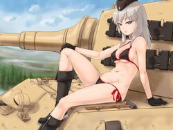  bikini black_bikini black_footwear black_gloves blue_eyes blue_sky boots breasts cleavage cloud commentary_request day female girls_und_panzer gloves grey_hair groin hand_rest hat itsumi_erika knee_boots knee_up looking_at_viewer medium_breasts military military_hat military_vehicle motor_vehicle navel on_vehicle outdoors rasukaru sitting sky solo swimsuit tank tiger_ii 