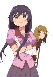  2girls bandages black_hair brown_eyes brown_hair can&#039;t_be_this_cute commentary_request crutch hanamonogatari highres kanbaru_suruga long_hair looking_at_another looking_at_viewer low_twintails monogatari_(series) multiple_girls naoetsu_high_school_uniform numachi_rouka ore_no_imouto_ga_konna_ni_kawaii_wake_ga_nai parody school_uniform smile track_suit twintails xingnai 