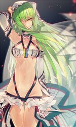  altera_(fate) altera_(fate)_(cosplay) arm_up armpits ass_visible_through_thighs bad_id bad_pixiv_id bandeau breasts brown_eyes c.c. choker code_geass collarbone commentary_request cosplay cowboy_shot creayus detached_sleeves fate/grand_order fate_(series) female green_hair hair_ornament hair_over_one_eye long_hair medium_breasts navel sidelocks solo tattoo thigh_gap veil wind 