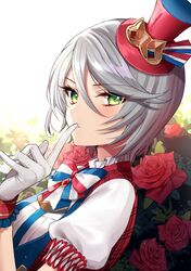  blush bow bowtie female flower from_side gambe gloves green_eyes green_vest grey_hair hair_between_eyes hand_up hat index_finger_raised looking_at_viewer looking_to_the_side mini_hat parted_lips pretty_series pripara puffy_short_sleeves puffy_sleeves red_flower red_rose rose shikyoin_hibiki shirt short_hair short_sleeves solo top_hat upper_body vest white_gloves white_shirt 