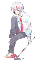  .flow 1boy bad_id bad_pixiv_id barefoot blood expressionless full_body kaibutsu lead_pipe lito_(24281122) male_focus necktie red_eyes school_uniform sitting solo white_hair 